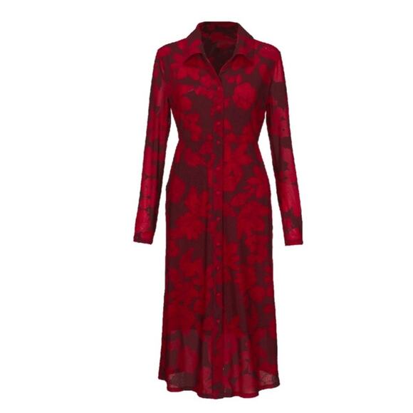 CAbi Dresses & Skirts - Cabi Long Sleeve Shirt Dress Floral mesh XS 4392 button down red burgundy